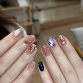 10Pcs Short Oval Glitter Press on Nails with Cool Metallic Star Hand Draw Design Fake Nail Almond Detachable Nail Tips for Women