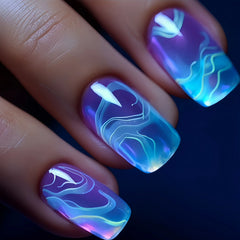 24pcs/set short Square fake nails Fashion geometric nail tips Blue Ocean Wave stripe glitter flowers press on false nail art kit