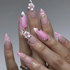 24Pcs Snake's Skin Design French False Nails Mid-length Almond Head Press on Nails Brown Flower Pattern Stiletto Fake Nail Tips