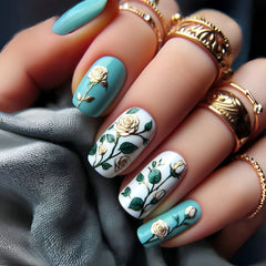 24pcs/set Short Medium fake nails for Spring summer beautiful colourful flowers bees faux ongles tips press on false nail art