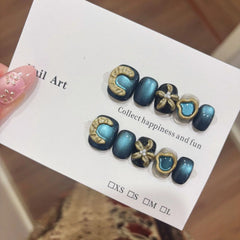 10Pcs Blue Cat Eye Nail Tips Full Cover Silver Stars Sweet Cool Short Handmade Nail Patch Removable False Nails for Spice Girls
