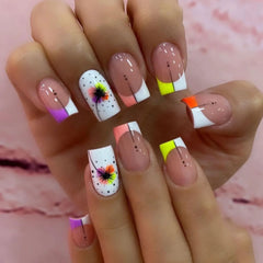24pcs/set medium long fake nails square ballet nail tips glitters starry sky moon star feather design press on false nail art