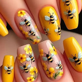 24pcs/set Medium long fake nails for women Spring summer flowers butterfly bee design faux ongles tips press on false nail art