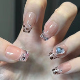 24Pcs Nude Pink French Fake Nail Ballet Full Cover Nail Tips with Rhinestone Leopard Print Design Wearable Press on False Nails