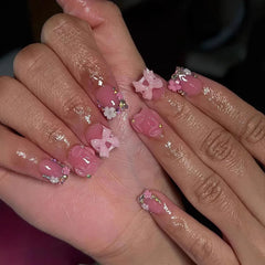 24Pcs French Pink Press on Nails Short Square Head Fake Nails with Flower Rhinestone Design Wearable Finished False Nail Tips