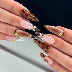 24Pcs Brown Maple Leaves Design Press on False Nails Long Almond Nails Set with Diamond Detachable Retro Fake Nail Tip for Women