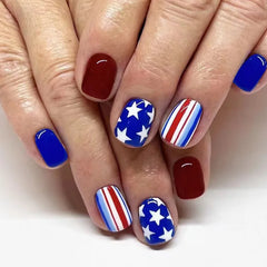 24pcs/set short square fake nails for US Independence Day blue red white star strawberry with glitter press on false nail tips
