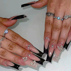 24Pcs Long Coffin Blue False Nails Set Shiny 3D Metal Butterfly Rhinestones Design Nail Tips Art Wearing French Manicure Tools