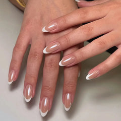 24Pcs Simple Almond Fake Nails Art with Jelly Glue White French Press on False Nails 3D Golden Stripes Design Wearable Nail Tips