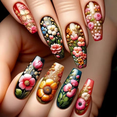 24pcs/set Medium long fake nails square ballet tips flowers butterfly for spring summer season blue green press on false nail