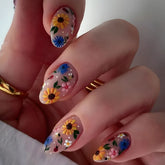 24pcs Garden Style False Nails With Colorful Flower Designs Glossy Almond Press On Nails Full Cover Artificial Autumn Fake Nail