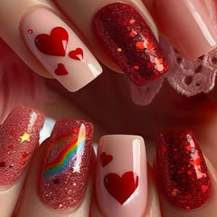 24pcs/set Medium long square fake nails for women girls cute heart flowers feather butterfly design press on false nail art tips