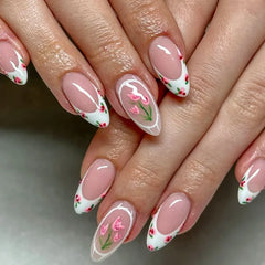 24Pcs Frosted Nude Color False Nails Press on Long Almond Round Head Nails Set with Cute Flowers Design Detachable Fake Nail Tip