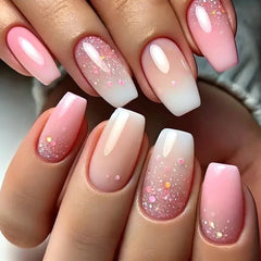 24Pcs Glitter French Fake Nails with Broken Diamond Colorful Aurora Sequin Press on False Nails Tips Wearable Ballet Manicure