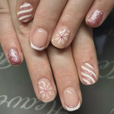 24Pcs Christmas French Fake Nail with Snowflake Design Glitter Pink Full Cover Nail Tip Xmas Short Wearable Press on False Nails
