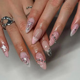 24Pcs Mid-length Almond Fake Nail Tips Pink French 3D Press on False Nails with Bow Design Wearable Oval Head Manicure Art