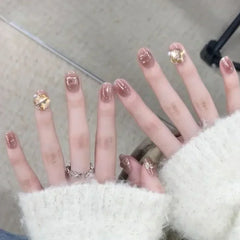 Shiny Crystal Glitter Powder Cat Eye Rhinestone Pearl Short Fake Nails Art Korean False Nails Zircon DIY Press on Nails Manicure