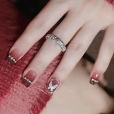 24Pcs Mid-length Gradient Finger Nails with White Butterfly Pattern Designs French Fake Nails Diamond Wearable Fashion Nail Tips