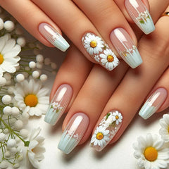 24pcs/set Short Medium fake nails for Spring summer beautiful colourful flowers bees faux ongles tips press on false nail art