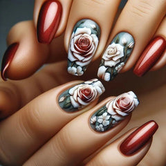 24pcs/set medium long fake nails beautiful rose flowers heart for Valentine's Day Wedding party faux ongles press on false nail