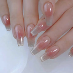 24pcs/set short sqaure almond fake nails geometric aurora gradient heart glitter designs faux ongles press on acrylic false nail