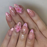 24Pcs 3D Pink Flower Wearable Nail Set Short Almond False Nails French Pearlescent Peach Pink Pearl Diamond Nail with Jelly Glue