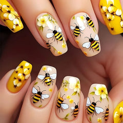 24pcs/set Short Medium fake nails for Spring summer beautiful colourful flowers bees faux ongles tips press on false nail art