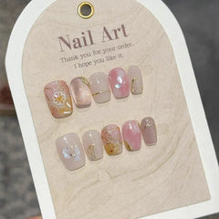 10Pcs Short Square Pink Blush Fake Nails Cat Eye Sparkling Sweet Nail Stickers French Ballet Finished Retro Court Style Nail Art