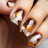 24Pcs Fashion Fake Nails Tips Marbling Design Short Square Head Press on False Nails Retro Brown Wearable Nails Set Manicure