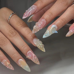 3D Butterfly Almond Nail Art Fashion Green Pearlescent Powder False Nails Detachable Finished Fake Nails Press on Nail with Glue