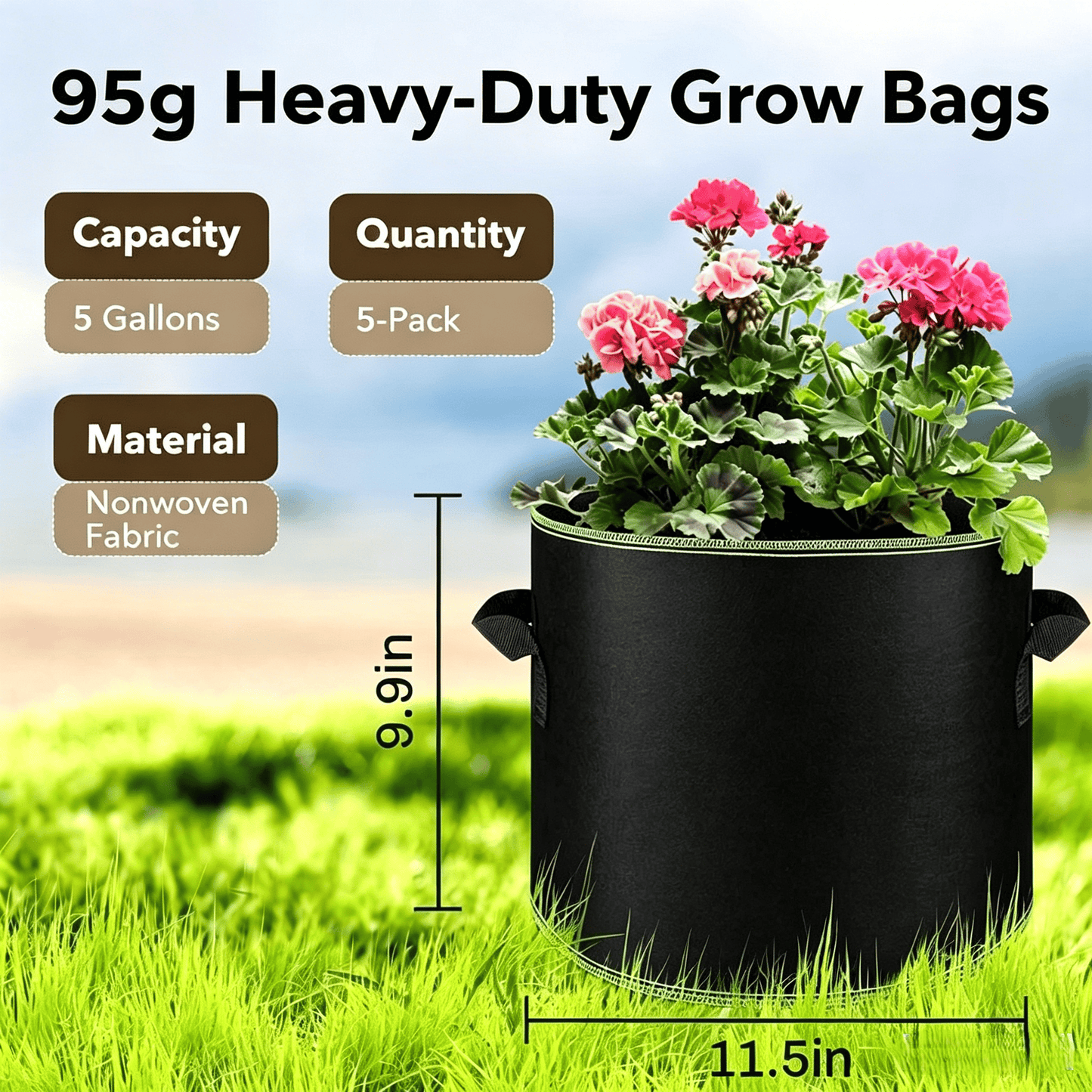 ๐ฑ 5-Pack 5 Gallon Grow Bags โ Heavy Duty Aeration Fabric Pots with Handles for Vegetables, Flowers & Fruits ๐ชด