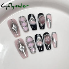 Cyflymder 10Pcs Black Handmade Press On Nails Coffin Fake Nails Full Cover Gradient Metal Contrast Artificial Manicure Wearable Nail Tips