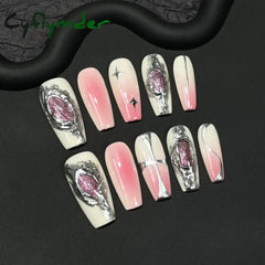 Cyflymder 10Pcs Black Handmade Press On Nails Coffin Fake Nails Full Cover Gradient Metal Contrast Artificial Manicure Wearable Nail Tips