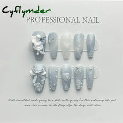Cyflymder 10Pcs Blue Handmade Press On Nails Set Ballet Wearable Artificial False Nails Decoration Nail Art Manicure Fake Nails Tips Art