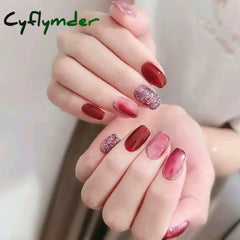 Cyflymder 24 Pcs Glossy Short Flat Press On Nails Pink Glitter French Style Fake Nails Gradient Artifical Finger Manicure False Nails