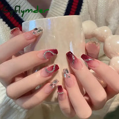 Cyflymder 24p Purple Gradient False Nails Long 3D Bow Diamond Fake Nails Art Full Coverage Detachable Artificial Press on Nail with Tools