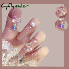 Cyflymder 24p Purple Gradient False Nails Long 3D Bow Diamond Fake Nails Art Full Coverage Detachable Artificial Press on Nail with Tools