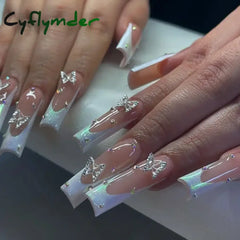 Cyflymder 24pc detachable ballet coffin french Fake Nails with designs butterfly full cover press on nails XL artificial nails with glue