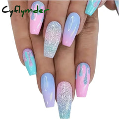 Cyflymder 24Pc/Lot Light Pink Blue Gradient Long Ballet Fake Nails Acrylic Press on Nail Tips Removable Artificial Wearing False Nails Art