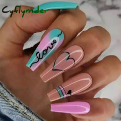Cyflymder 24Pcs Acrylic False Nails with Glue Wave Line Designs Long Ballet Fake Nails Gradient Coffin Full Cover Nail Tips Press on Nails