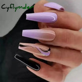 Cyflymder 24Pcs Acrylic False Nails with Glue Wave Line Designs Long Ballet Fake Nails Gradient Coffin Full Cover Nail Tips Press on Nails