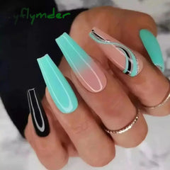 Cyflymder 24Pcs Acrylic False Nails with Glue Wave Line Designs Long Ballet Fake Nails Gradient Coffin Full Cover Nail Tips Press on Nails