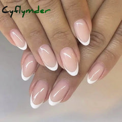 Cyflymder 24Pcs Almond French Fake Nails with Glue Simple Oval False Nails Press on Nails Wearable Finished DIY Full Cover Nail Tips