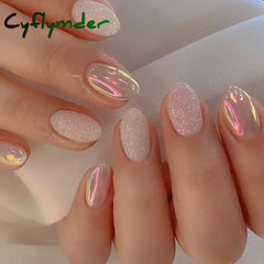 Cyflymder 24Pcs Almond French Fake Nails with Glue Simple Oval False Nails Press on Nails Wearable Finished DIY Full Cover Nail Tips