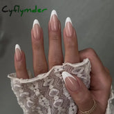 Cyflymder 24Pcs Almond French Fake Nails with Glue Simple Oval False Nails Press on Nails Wearable Finished DIY Full Cover Nail Tips