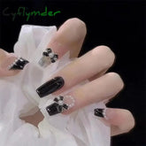 Cyflymder 24Pcs Black Bow Detachable Fingernails Ballerina Wearable Fake Nails Press on Square Head False Nails Full Cover Nail Tips
