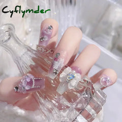 Cyflymder 24pcs Butterfly flower decorated false nails Removable full cover luxury rhinestones acrylic press on nails fake nails with glue