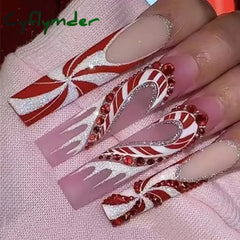 Cyflymder 24Pcs Christmas Exclusive False Nails Wearable Long Xmas Style Fake Nails Elk Snowflake Design Full Cover Press on Nail tips