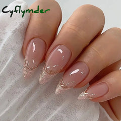 Cyflymder 24Pcs Detachable Almond False Nails with Pearl Decoration Elegant Designs French Fake Nails Full Nail Art Tips Press On Nails