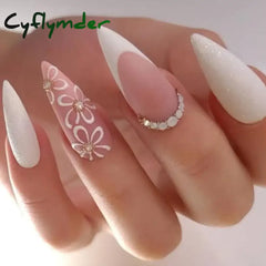 Cyflymder 24Pcs Extra Long Stiletto False Nails Pointy French Fake Nails Glitter Detachable Almond Press on Nails Full Cover Nail Tips